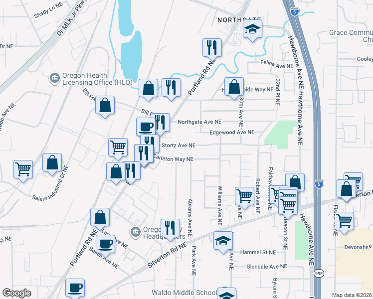 map of restaurants, bars, coffee shops, grocery stores, and more near 2148 Stortz Avenue Northeast in Salem