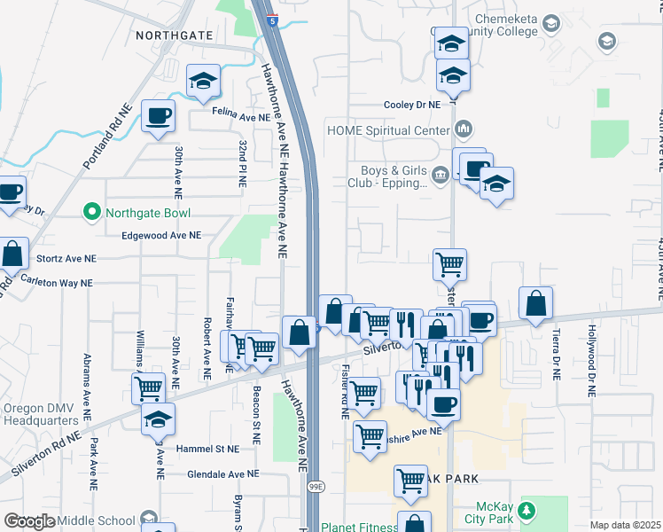 map of restaurants, bars, coffee shops, grocery stores, and more near 3573 Fisher Road Northeast in Salem