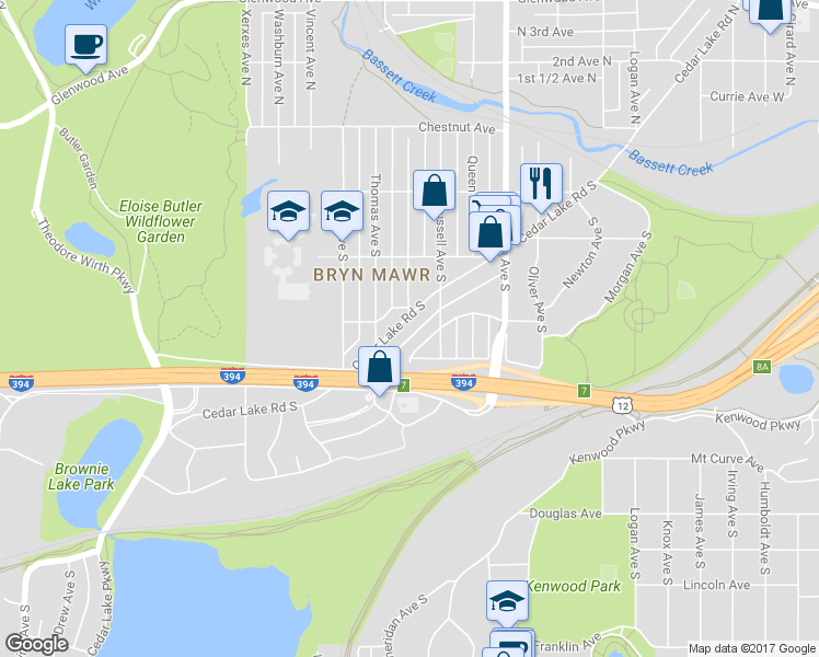map of restaurants, bars, coffee shops, grocery stores, and more near 605 Cedar Lake Road South in Minneapolis