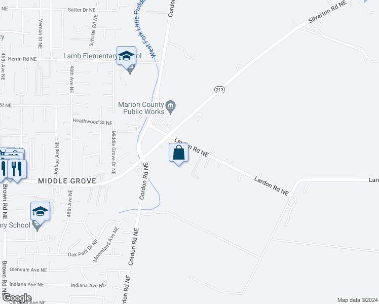 map of restaurants, bars, coffee shops, grocery stores, and more near 5180 Lardon Road Northeast in Salem