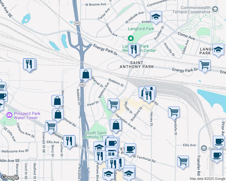 map of restaurants, bars, coffee shops, grocery stores, and more near 980 Manvel Street in Saint Paul