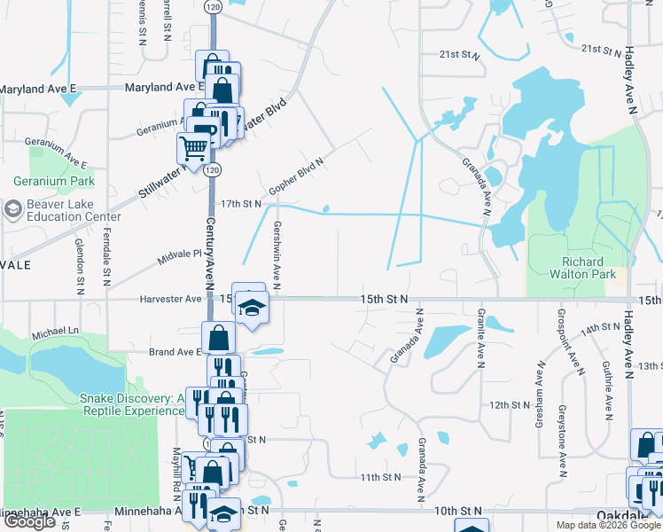 map of restaurants, bars, coffee shops, grocery stores, and more near 1552 Goodview Avenue North in Oakdale