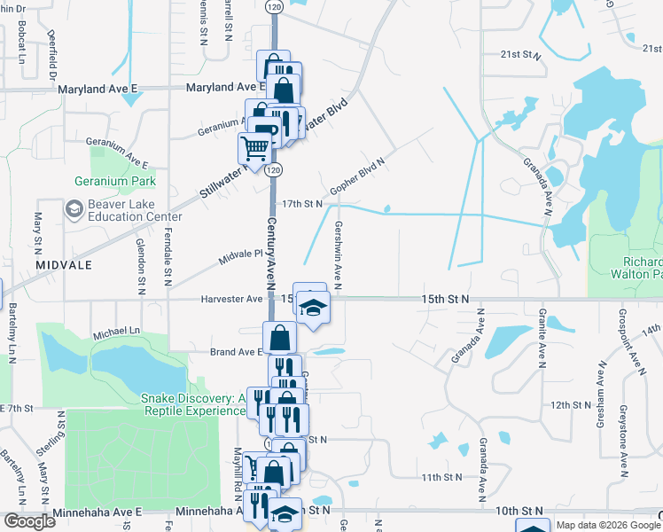 map of restaurants, bars, coffee shops, grocery stores, and more near 1556 Gershwin Avenue North in Oakdale