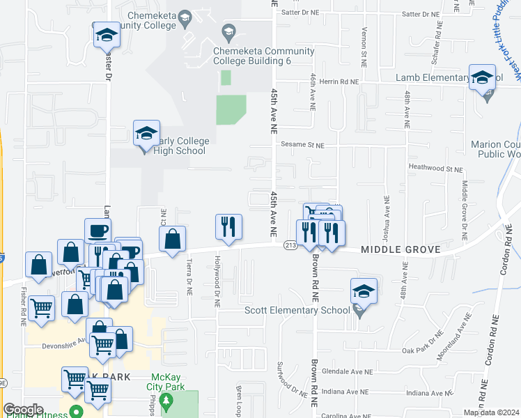map of restaurants, bars, coffee shops, grocery stores, and more near 4410-4470 Conser Way Northeast in Salem