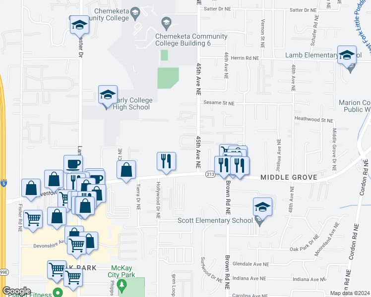 map of restaurants, bars, coffee shops, grocery stores, and more near 4410-4470 Conser Way Northeast in Salem