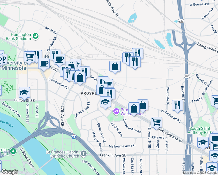 map of restaurants, bars, coffee shops, grocery stores, and more near 353 30th Avenue Southeast in Minneapolis