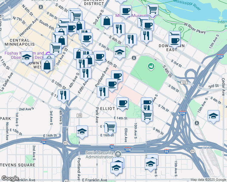 map of restaurants, bars, coffee shops, grocery stores, and more near 768-798 South 8th Street in Minneapolis