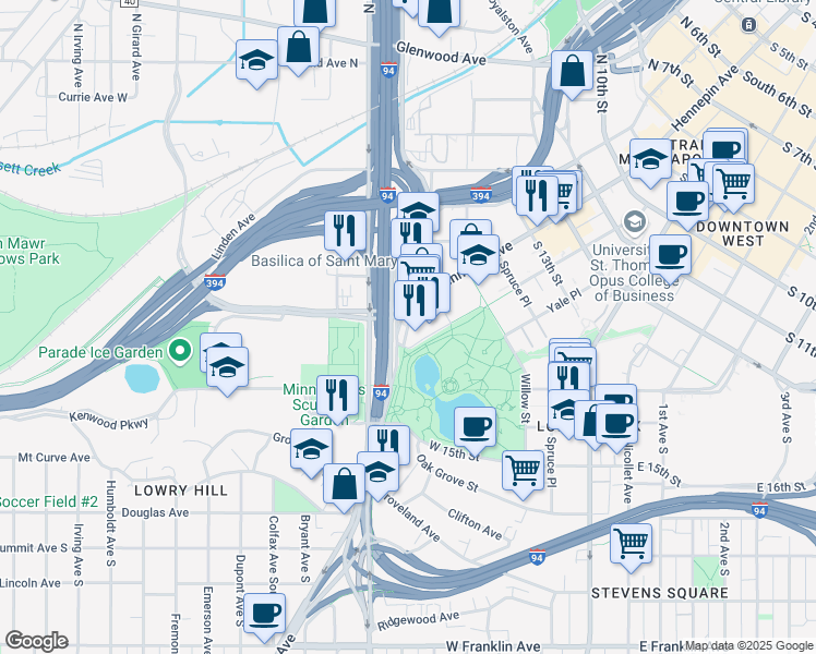 map of restaurants, bars, coffee shops, grocery stores, and more near 1639 Hennepin Ave in Minneapolis