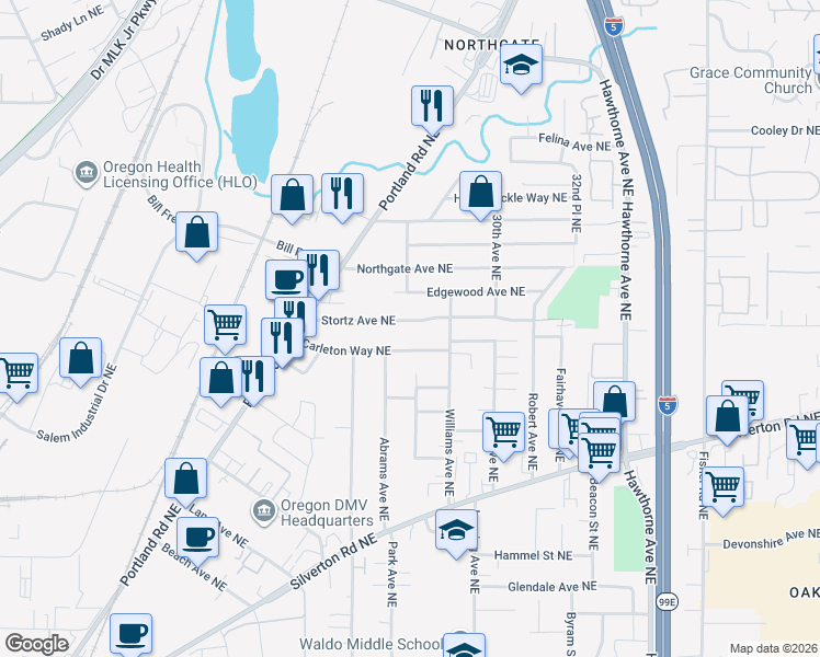 map of restaurants, bars, coffee shops, grocery stores, and more near 2404 Stortz Avenue Northeast in Salem