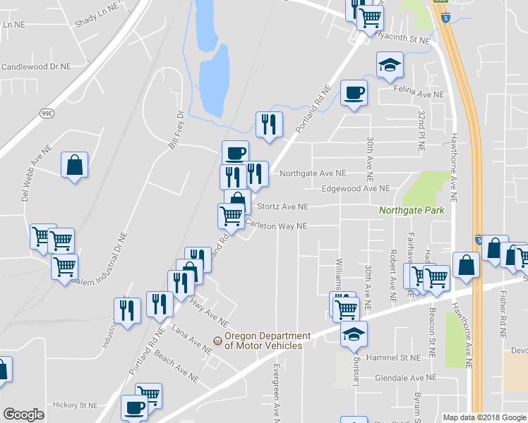 map of restaurants, bars, coffee shops, grocery stores, and more near 2040 Stortz Avenue Northeast in Salem
