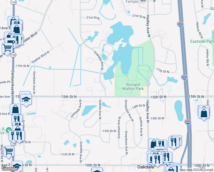 map of restaurants, bars, coffee shops, grocery stores, and more near 1591 Granada Avenue North in Oakdale