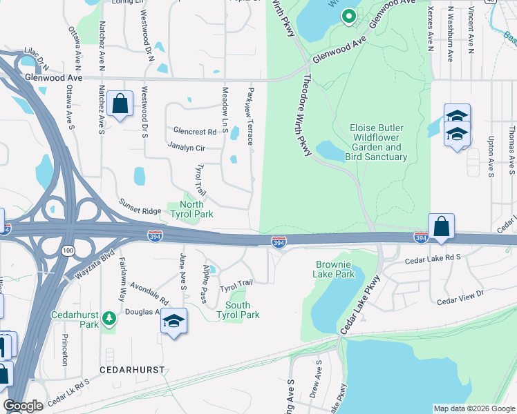 map of restaurants, bars, coffee shops, grocery stores, and more near 1101 Tyrol Trail in Minneapolis