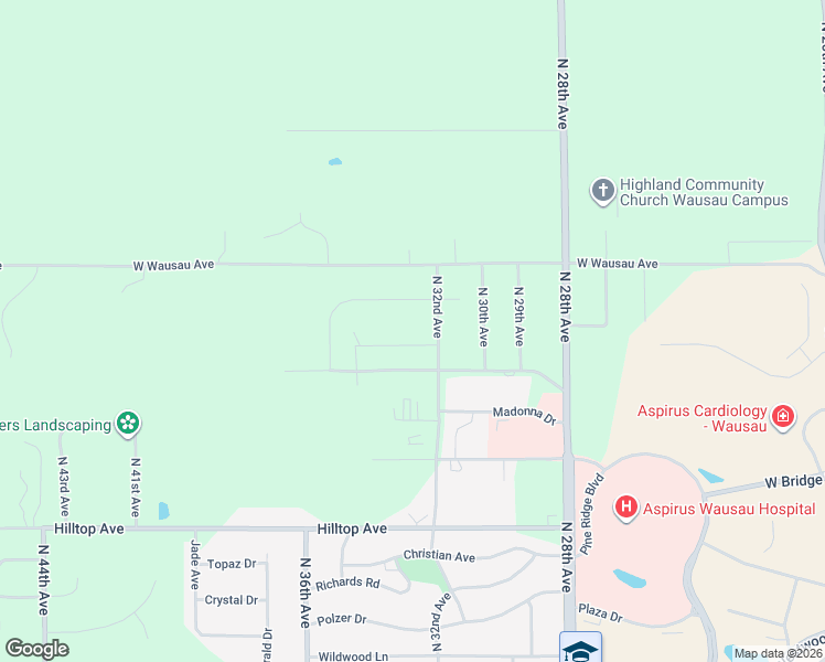 map of restaurants, bars, coffee shops, grocery stores, and more near 3206 Timberline Drive in Wausau