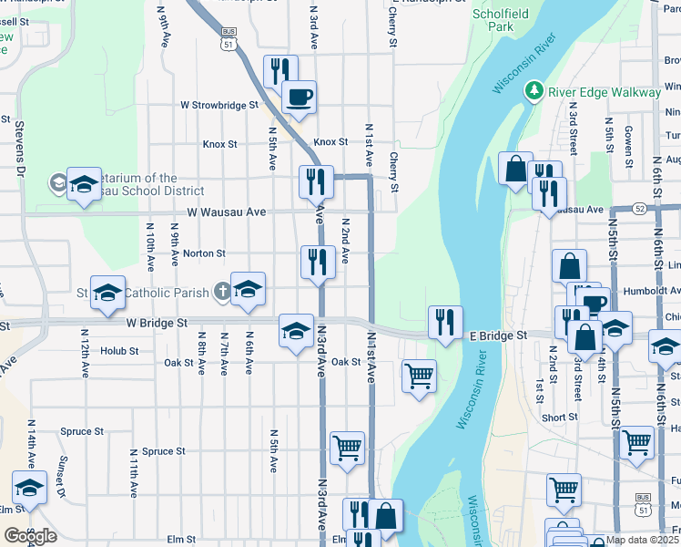 map of restaurants, bars, coffee shops, grocery stores, and more near 712 North 2nd Avenue in Wausau