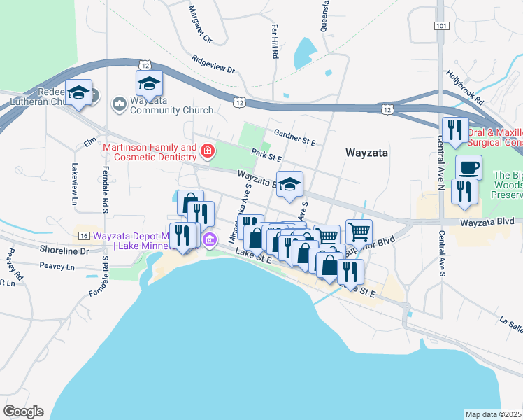 map of restaurants, bars, coffee shops, grocery stores, and more near in Wayzata