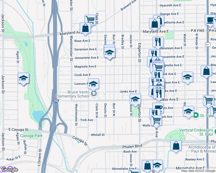 map of restaurants, bars, coffee shops, grocery stores, and more near 1006 Desoto Street in Saint Paul