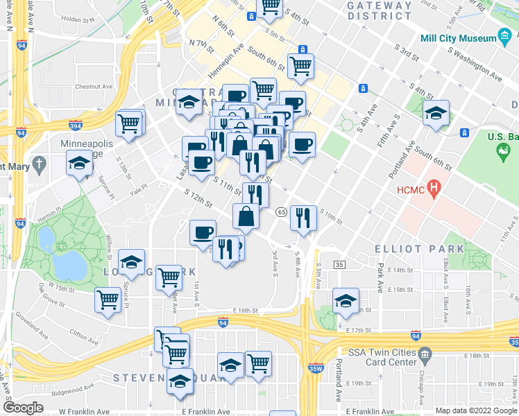 map of restaurants, bars, coffee shops, grocery stores, and more near 201 South 11th Street in Minneapolis