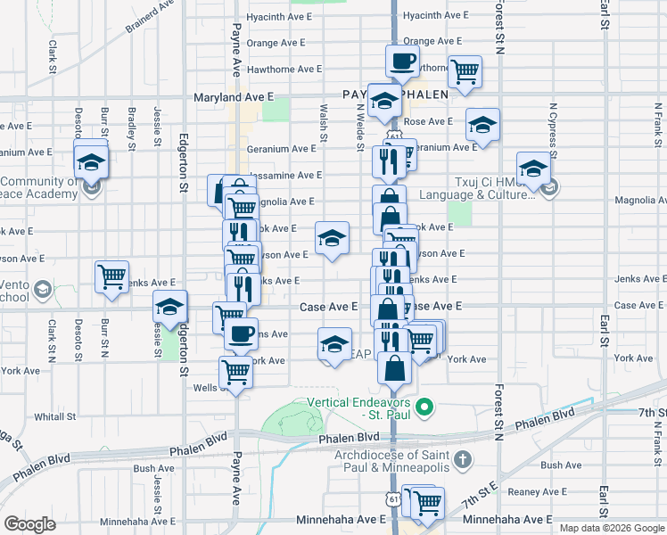 map of restaurants, bars, coffee shops, grocery stores, and more near 1000 Walsh Street in Saint Paul