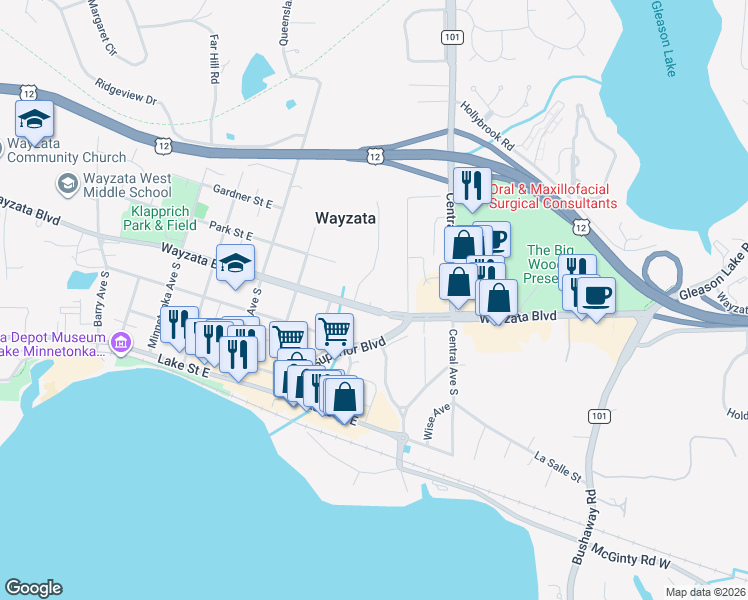 map of restaurants, bars, coffee shops, grocery stores, and more near 949 Wayzata Boulevard in Wayzata