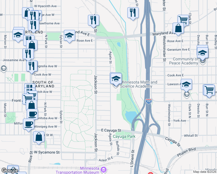 map of restaurants, bars, coffee shops, grocery stores, and more near 1009 Agate Street in Saint Paul