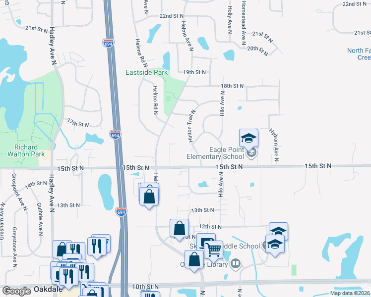 map of restaurants, bars, coffee shops, grocery stores, and more near 1580 Hinton Trail North in Oakdale