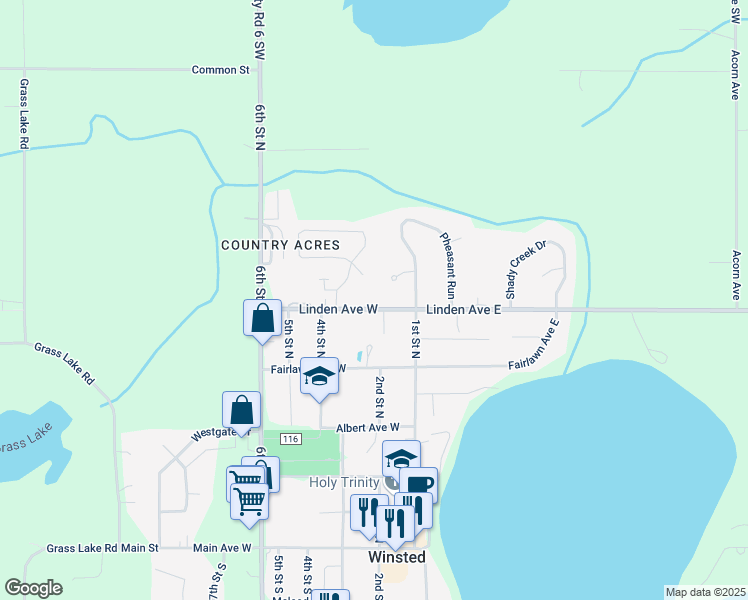 map of restaurants, bars, coffee shops, grocery stores, and more near 314 Linden Avenue West in Winsted