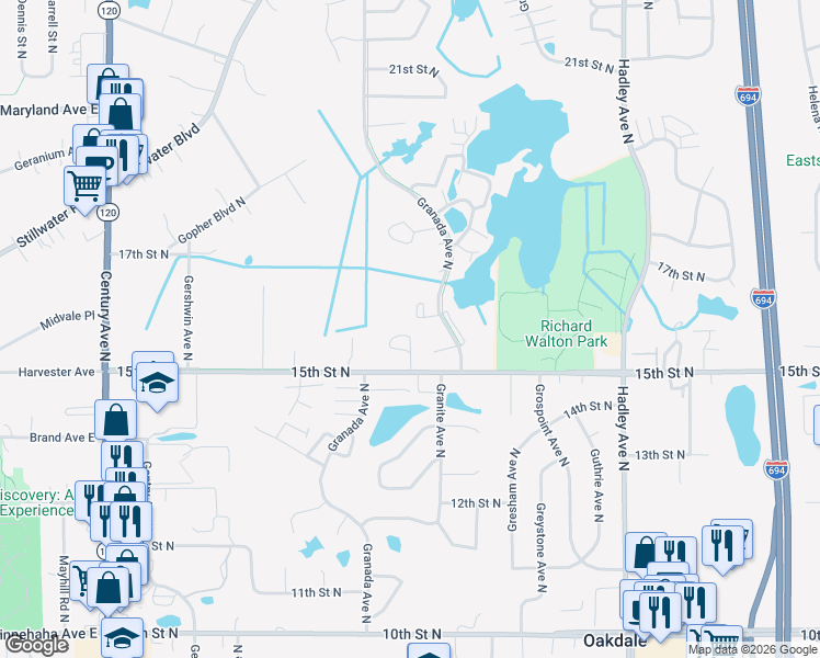 map of restaurants, bars, coffee shops, grocery stores, and more near 6562 15th Street Circle North in Oakdale
