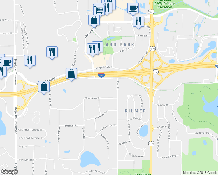 map of restaurants, bars, coffee shops, grocery stores, and more near 10001 Wayzata Boulevard in Hopkins