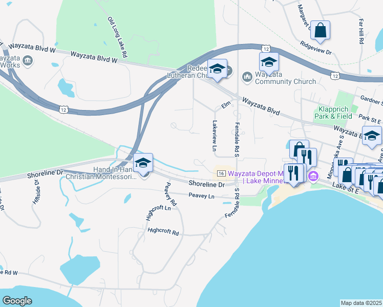 map of restaurants, bars, coffee shops, grocery stores, and more near 375 Lake Street West in Wayzata