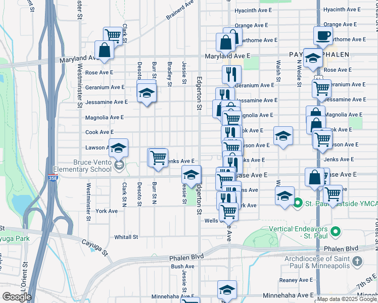 map of restaurants, bars, coffee shops, grocery stores, and more near 1003 Edgerton Street in Saint Paul