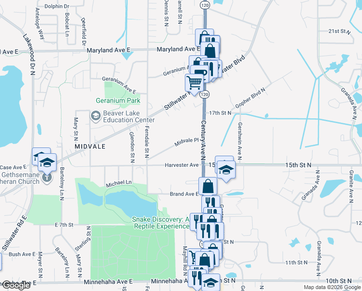 map of restaurants, bars, coffee shops, grocery stores, and more near 2698 Midvale Place in Maplewood