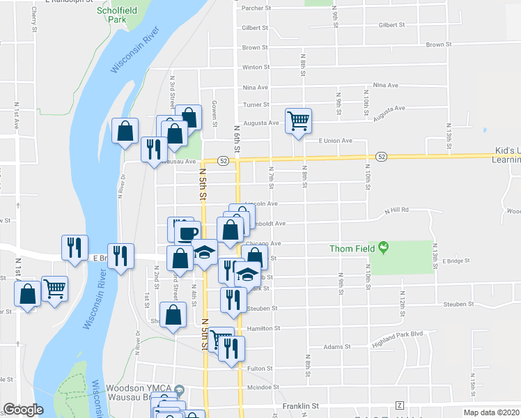 map of restaurants, bars, coffee shops, grocery stores, and more near 621 Lincoln Avenue in Wausau