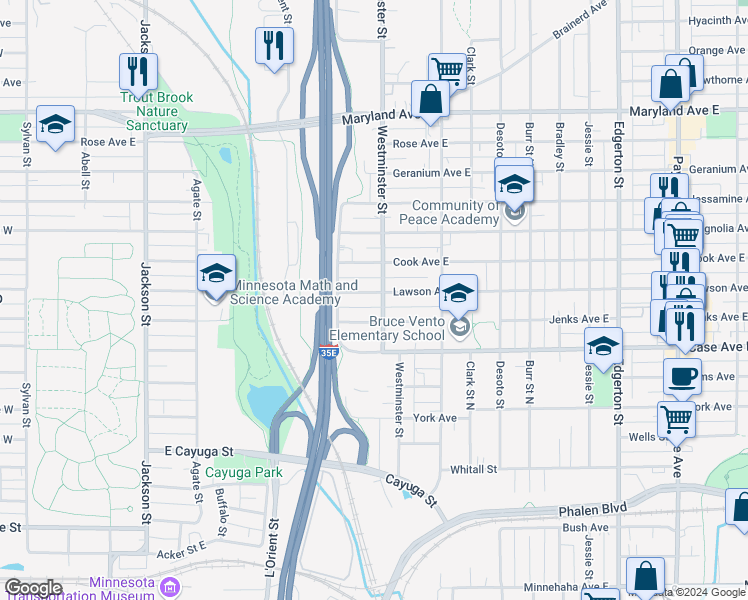 map of restaurants, bars, coffee shops, grocery stores, and more near 318 Lawson Avenue East in Saint Paul