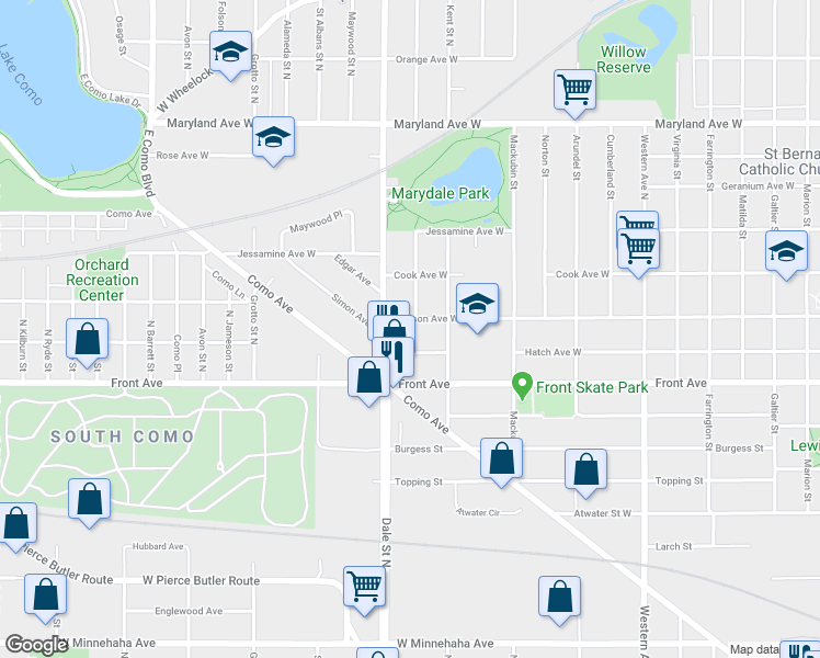 map of restaurants, bars, coffee shops, grocery stores, and more near 1002 Dale Street North in Saint Paul