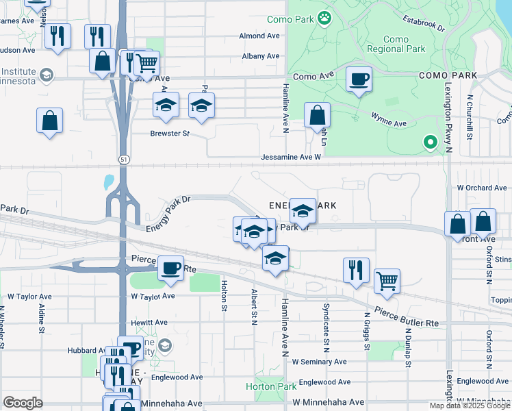 map of restaurants, bars, coffee shops, grocery stores, and more near 1389 Spencer Road West in Saint Paul
