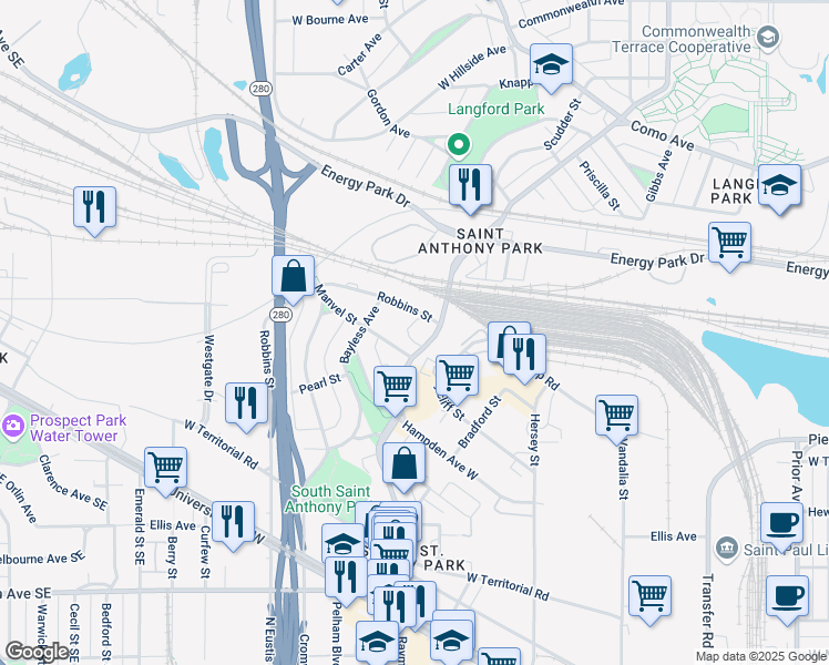 map of restaurants, bars, coffee shops, grocery stores, and more near 1021 Raymond Avenue in Saint Paul