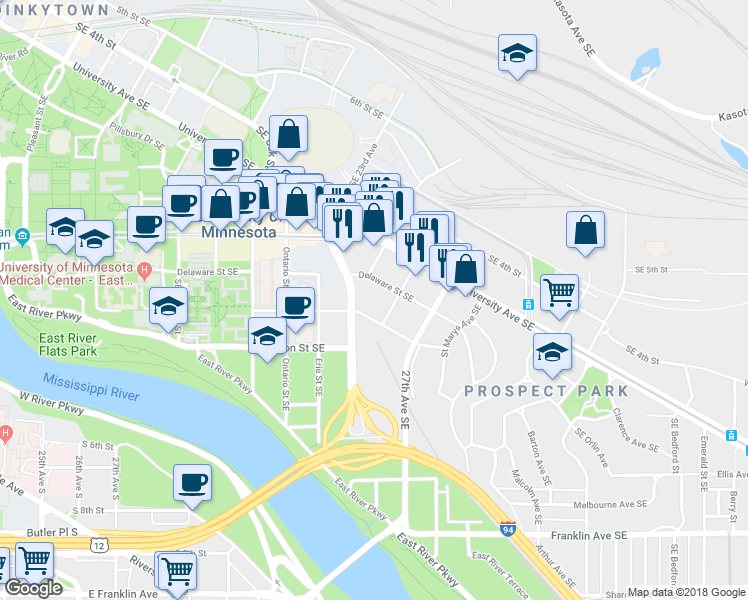 map of restaurants, bars, coffee shops, grocery stores, and more near 2508 Delaware Street Southeast in Minneapolis