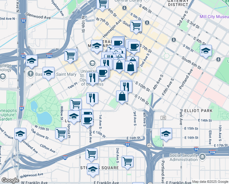 map of restaurants, bars, coffee shops, grocery stores, and more near 1125 South Marquette Avenue in Minneapolis