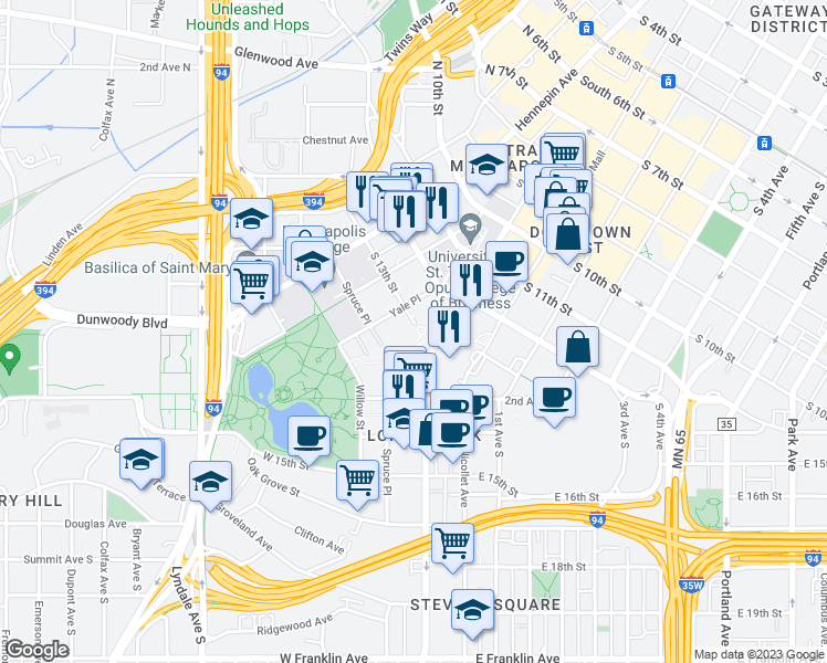 map of restaurants, bars, coffee shops, grocery stores, and more near 38 Greenway Gables in Minneapolis