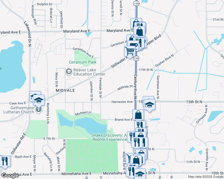 map of restaurants, bars, coffee shops, grocery stores, and more near 2663 Midvale Place in Maplewood