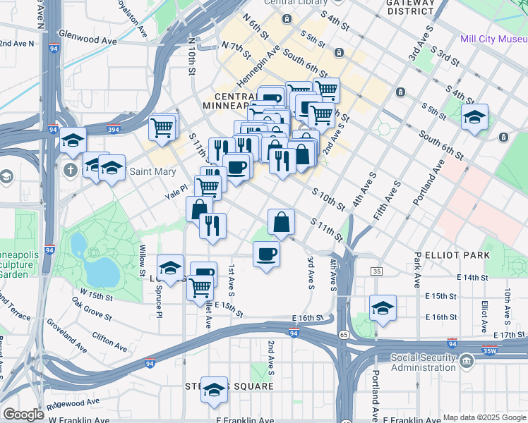 map of restaurants, bars, coffee shops, grocery stores, and more near 1117 South Marquette Avenue in Minneapolis