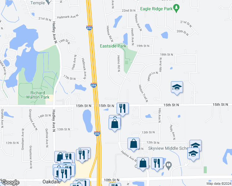 map of restaurants, bars, coffee shops, grocery stores, and more near 1574 Helmo Avenue North in Oakdale