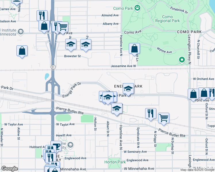 map of restaurants, bars, coffee shops, grocery stores, and more near 1389 Spencer Road West in Saint Paul