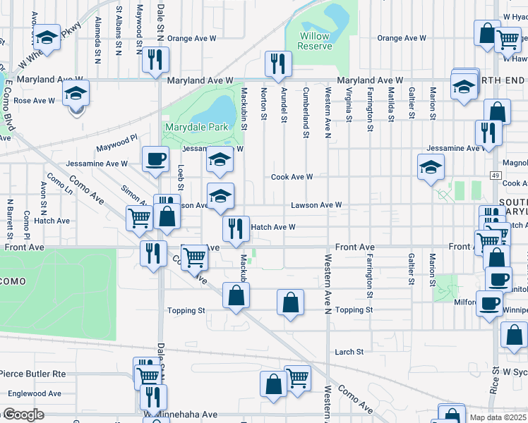 map of restaurants, bars, coffee shops, grocery stores, and more near 470 Lawson Avenue West in Saint Paul