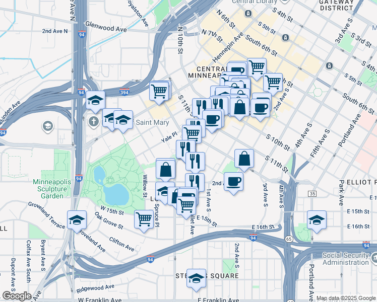map of restaurants, bars, coffee shops, grocery stores, and more near 1300 Nicollet Mall in Minneapolis