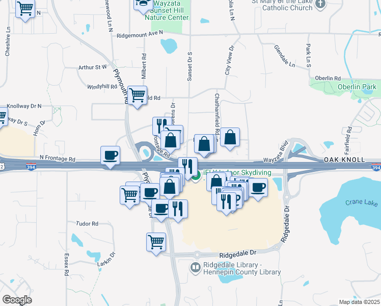 map of restaurants, bars, coffee shops, grocery stores, and more near 12708 Wayzata Boulevard in Hopkins