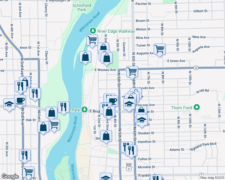 map of restaurants, bars, coffee shops, grocery stores, and more near 311 Lincoln Avenue in Wausau