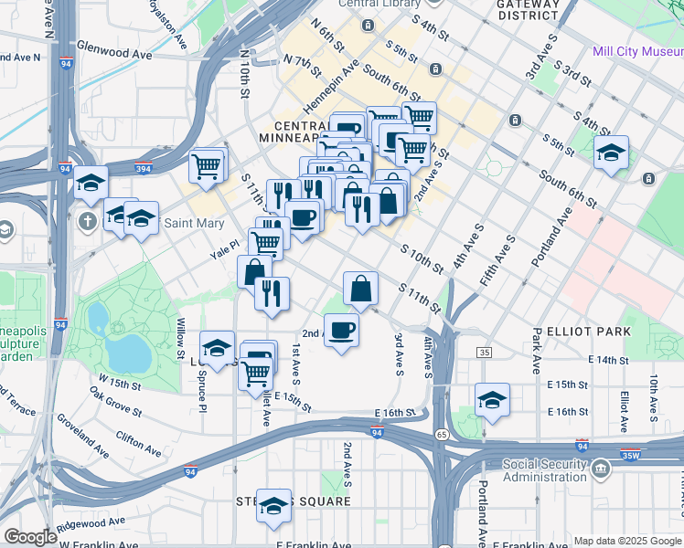 map of restaurants, bars, coffee shops, grocery stores, and more near 1117 South Marquette Avenue in Minneapolis