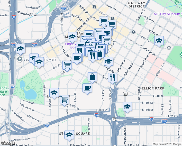 map of restaurants, bars, coffee shops, grocery stores, and more near 1111 South Marquette Avenue in Minneapolis