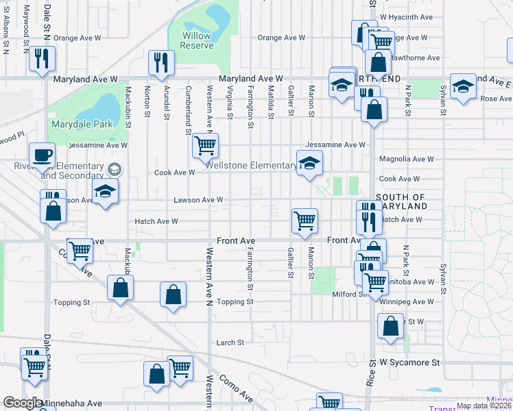 map of restaurants, bars, coffee shops, grocery stores, and more near 1001 Matilda Street in Saint Paul